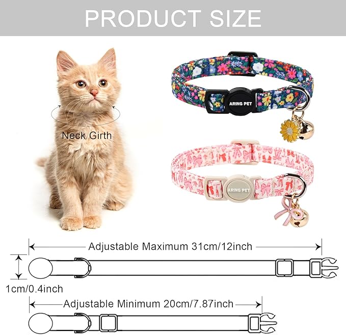 ARING PET 2 Pack Cat Collar, Breakaway Kitten Small Cute Pink Floral Bow Collars with Bells for Girl Female Cats