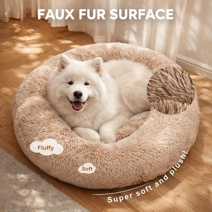 Dog & Cat Bed for Indoor Cats, 30in Calming Donut Pillow mat for Puppy and Kitten, Washable Cooling Round Fluffy Pet Nest for Small Medium Dogs and Cats, Brown