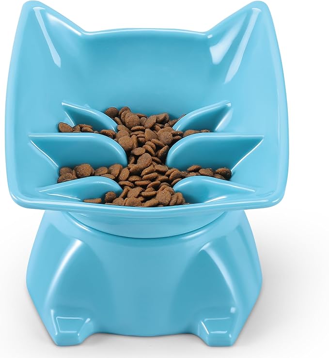 Small Elevated Slow Feeder Cat Bowl, Cute Tilted Elevated Bowls and Dishes for Cats & Small Dogs, Whisker Friendly, Anti Vomiting Raised Pet Bowl for Dry and Wet Food, Blue