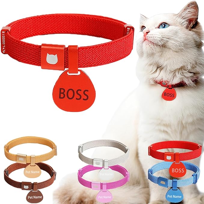 Minimalist Stretch Lightweight Custom Engraved Cat Collar with Name Tag Personalized Cat Collars for Kitten Boy & Girl Cats (Red, Collar with ID Tag)
