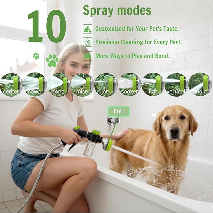 Dog Shower Attachment Water Hose Nozzle Sprayer Set with Metal 3-Way Shower Diverter & 6FT Shower Hose, 10 Spray Modes,with Soap Dispenser,Suitable for Indoor Outdoor Dog Washing