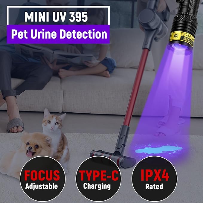 DARKDAWN UV Flashlight 395nm Black Light Mini USB Rechargeable Ultraviolet LED Blacklight Woods Lamp Powerful Portable Detector for Pet Urine Stains, Blood Tracking Flashlight, Resin Curing