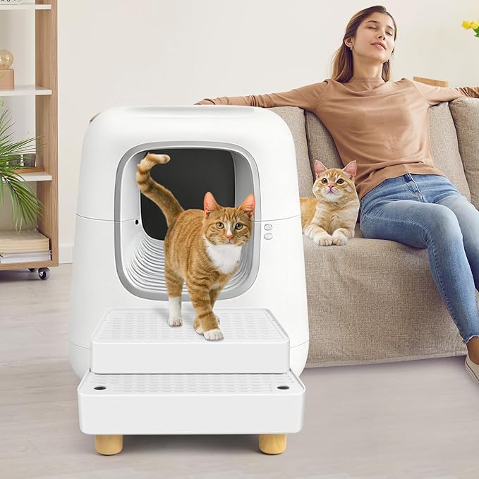 Extra Large 2 Steps Cat Litter Box Step Ramp, Cat Litter Catcher Mat with Wooden Feet, Filter Function, Cat's Pedal Stool for Self-Cleaning Litter, Suitable Kitten & Elderly Cats (White)