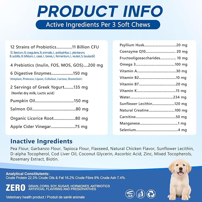 Probiotics for Dogs Dog Probiotic Chews for Yeast Gut Digestive & Immune Health, Itch Relief Ears Skin & Coat with 11Billion CFU Probiotics, 6 Enzymes& 4 Prebiotics, Pumpkin, Omegas & Vitamins, 200ct