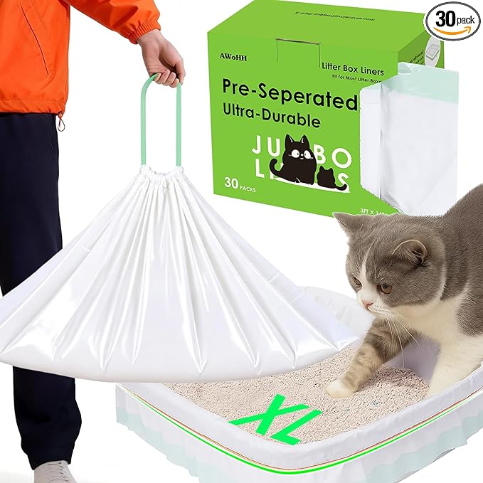 30 Pack Cat Litter Box Liners, Drawstring Large/Jumbo Cat Litter Liner Bags For Litter Box, Secure Fit With Rubber Band, Tear-free, Firm Easy Fit, Heavy Duty 36" x 16"