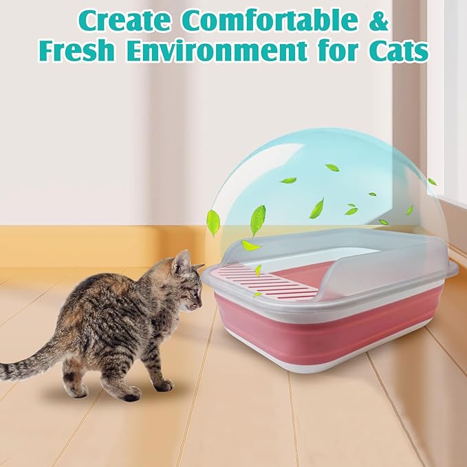 VCEPJH Collapsible Litterbox with High Sides Small Cats Litter Pan with Scoop Open Cat Litter Box Portable Travel Kittens Toilet Kitten Starter Kit for Kittens Adult Cat Elderly Cats (Pink)