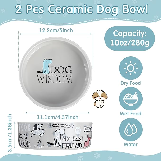Maxcheck 2 Pcs 5 Inch Ceramic Dog Bowls Dishes for Small Dogs Cute Cartoon Pattern Puppy Cat Bowls Heavy Food Water Dishes for Pets Feeding Travel, Dishwasher Safe Microwave Safe (Gray)