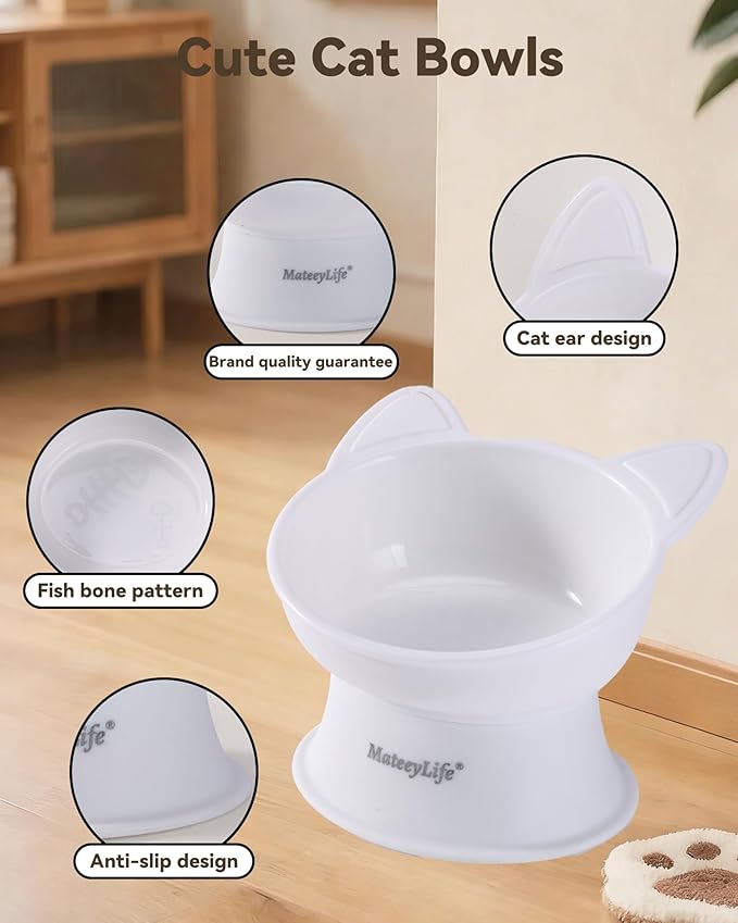 MateeyLife Raised Cat Bowls, Cat Food Bowl Elevated for Kittens & Small Dogs, 15°Tilted Protect Pets' Neck and Anti Vomiting, Whisker Friendly Food & Water Feeding Bowl, 6 oz Each - White