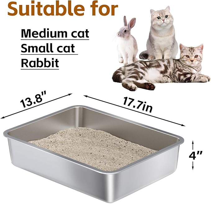 Stainless Steel Litter Box - Metal Cat Litter Box -4“ H Catlitter Boxes，Cat Litterbox Tray Pet Toilet Supplies for Indoor Kitty, Kitten, Rabbit, Puppy,No Stick Easy Clean-No Smell 2 Pack
