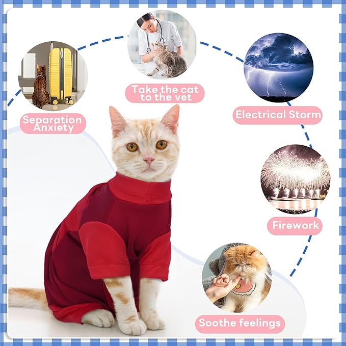 Cat Anxiety Relief Suit, Four-Legged Clothes Adjustable Calming Vest for Thunderstorms, Fireworks, Loud Noises, Separation, Roadtrip, Comfortable Wrap to Keep Cats Calm, Red Medium