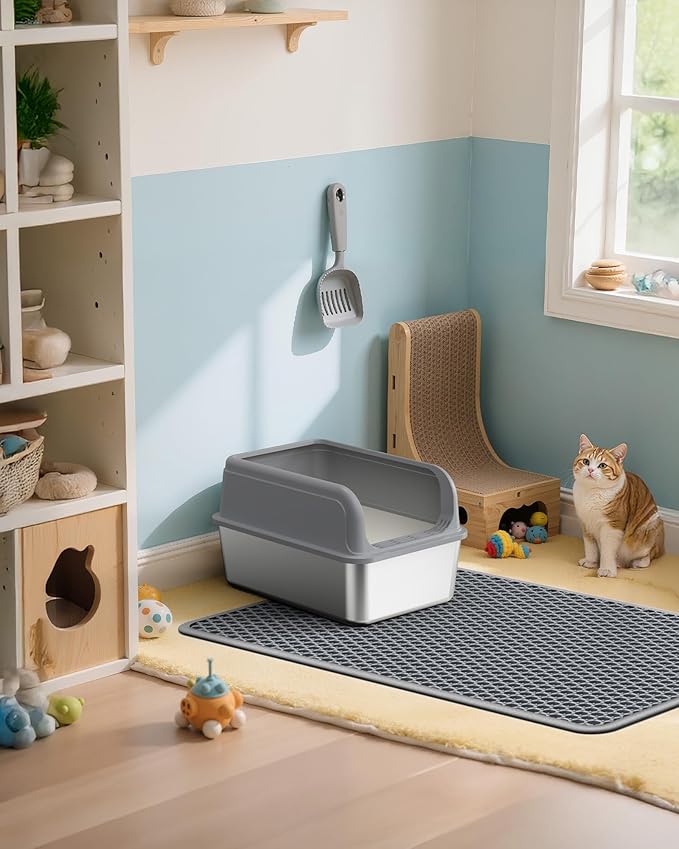 Cat Litter Mat - 23.2" x 14.6" Small Litter Box Mat with Double Layers, Urine-Proof and Non-Slip Litter Trapping Mat, Easy to Clean Kitty Litter Mats for Floor, Scatter Control, Grey