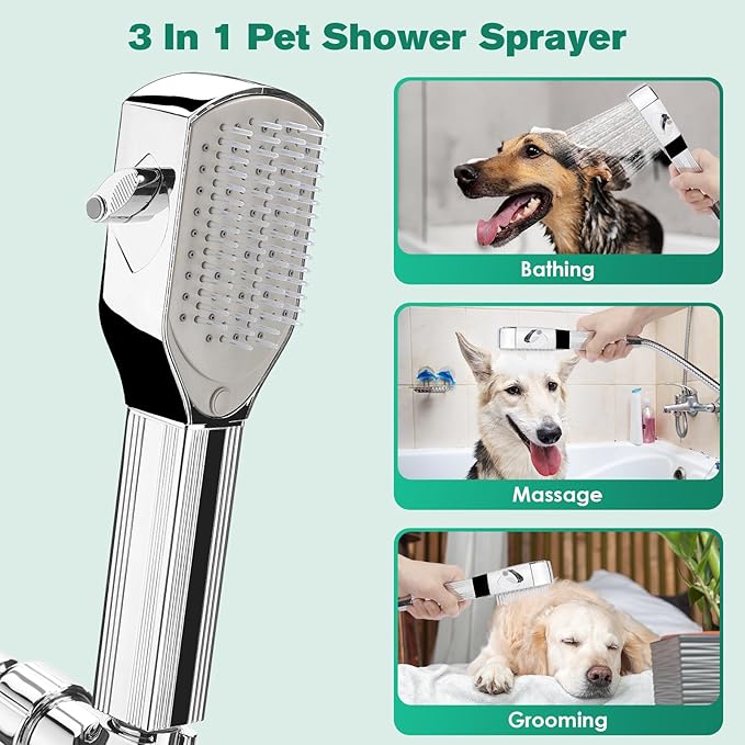 Dog Shower Attachment,Pet Washing Shower Sprayer with Stainless Steel Hose & Diverter Valve, 2 Mode Handheld Shower Head Brush, 3-in-1 Dog Shower Head for Bathing, Grooming, Massage - Indoor & Outdoor
