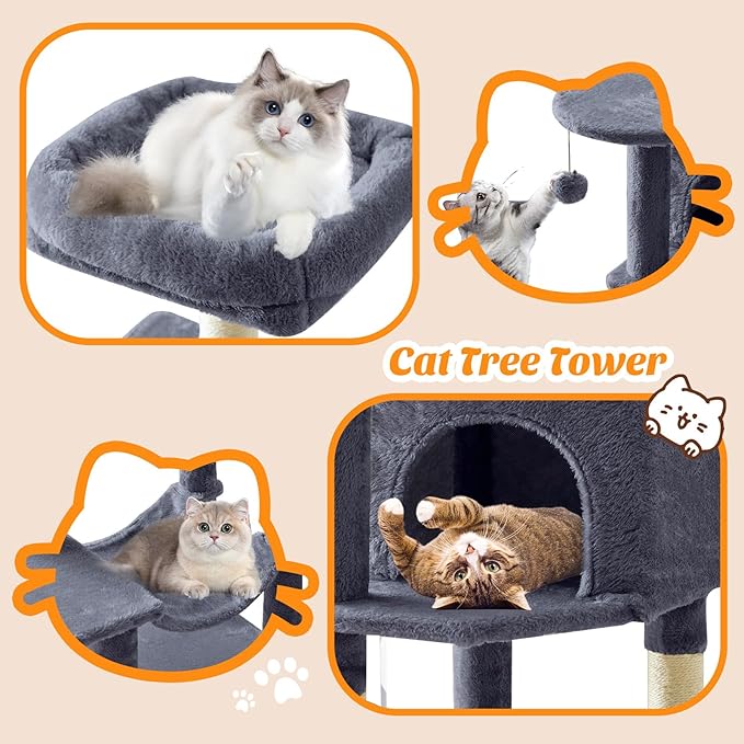 Sweetcrispy 44 inch Cat Tree Tower, Small Cat Climbing Tower with Condo, Natural Sisal Scratching Posts, Extended Platform, Hammock, Pet House for Indoor Cats and Kittens Play, Dark Grey