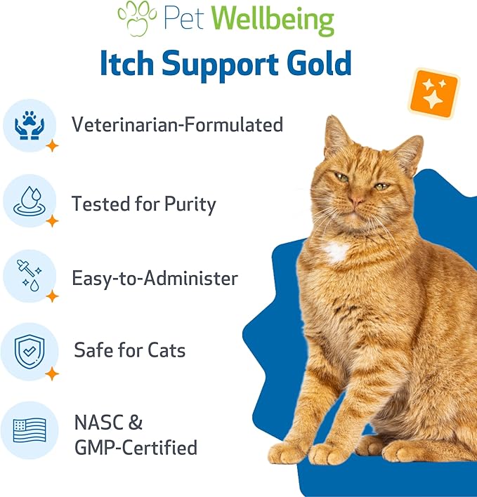 Pet Wellbeing Itch Support Gold for Cats - Occasional Itching, Scratching, and Hot Spots, Environmental and Seasonal Allergies, Dong Quai - Veterinarian-Formulated Herbal Supplement 2 oz (59 ml)