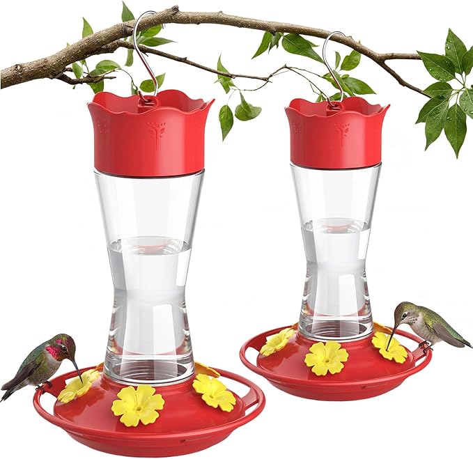 Kingsyard 2-Pack Glass Hummingbird Feeder for Outdoors Hanging, 10 oz Leak-Proof Humming Bird Feeders with Ant Moat & Bee Proof Feeding Ports, Hummingbird Gift for Bird Lovers (Clear)