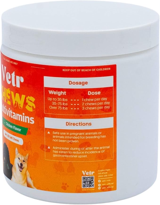 Vetr Dog Multivitamin Treats, 60 Chews Chicken Flavor, Daily Pet Dog Vitamins and Supplements with Glucosamine, Chondroitin, & Probiotics, Hip & Joint, Immune Support, & Digestive Care