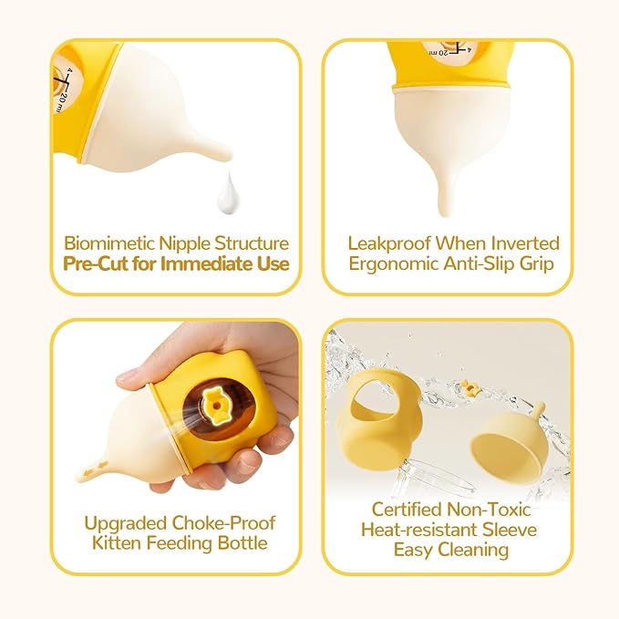 Ergonomic Pet Nursing Bottle,Puppy Bottles for Nursing Puppy Milk - 20ml Slow Flow Kitten Bottle Feeding kit for Newborn Kittens/Puppies/Small Animals, Easy-Clean Silicone Feeder (‌Yellow‌)