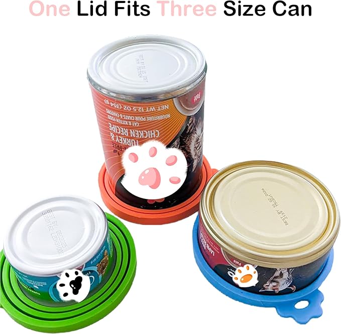 Cat Food Can Covers Lids & White Spoon, Pink/Grey/Green Lids, Can Covers for Dog/Cat Food Cans, Fit 3 Standard Size Pet Food Cans, Spoon with Opener Paw & Mini Spatula