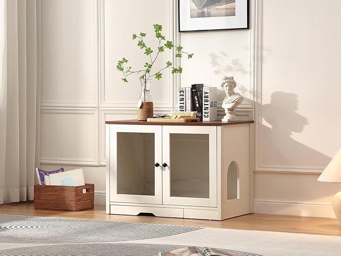 Cat Liitter Box Enccosure with Convenient Litter Collector, Indoor Cat Litter Cabinet with Glass Doors,Wooden Cozy cat House,Modern end Table for Living Room, (White)
