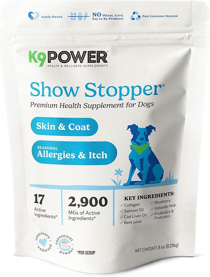 K9Power Show Stopper 8 oz– Awarded #1 Dog Skin & Coat Product – Supports Allergy Relief, Itchy Skin, Shedding, Dull Coat – Salmon Oil, Collagen, Kelp, Zinc, Probiotics, Beet Juice, Vitamin C