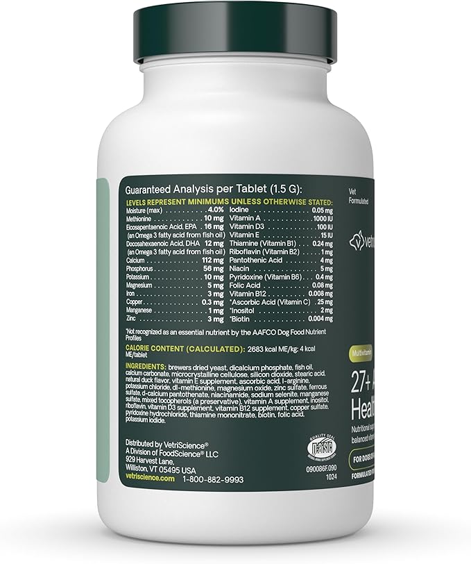 VetriScience 27+ Active Health Chewable Tablets, Canine Plus Daily Multivitamin for Puppies and Adult Dogs, Balanced Vitamins, Minerals and Antioxidants, Wellness Support, Duck, 90 Count