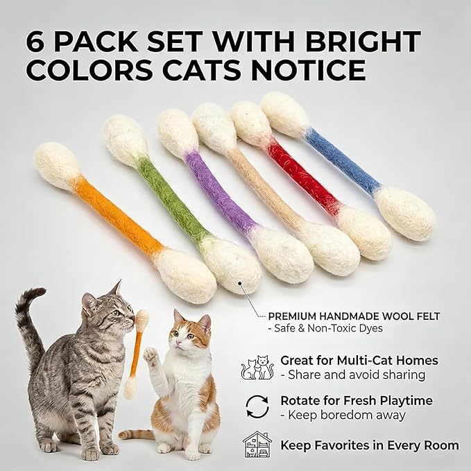 Cotton Swabs Cat with Catnip, 6 Pk Giant Kitten Chew Sticks for Indoor Boredom, Durable Dental Teething Ropes, Big Interactive Felt Kitty Kicker Play Lover Gift Accessories (Blue)