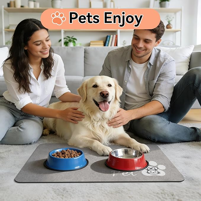 Dog Cat Feeding Mat-Absorbent Pet Bowl Mat for Food and Water, Quick Dry Water Dispenser Mat for Floors with Waterproof Rubber Backing, Large Dogs Placemat Mats for Messy Drinkers,17"x27",Grey
