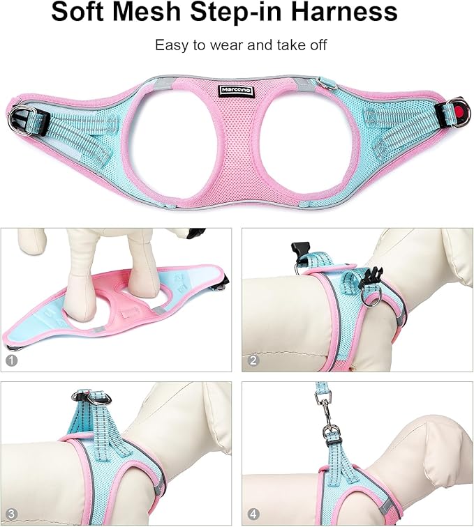 Mercano Soft Mesh Dog Harness and Leash Set, No-Chock Step-in Reflective Breathable Lightweight Easy Walk Vest Harnesses with Safety Buckle for Small Dogs, Cats (XS, Pink Blue)