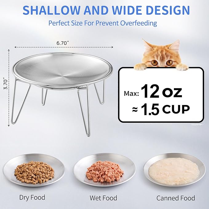 WROSWT Elevated Cat Bowls, Separable Dishes for Solo Use, 304 Stainless Steel Raised Cats Plates for Wet Food, Extra Wide Shallow Design for Whisker Relief, Non-Slip Silicone Base Kitten Feeder, 2 Set