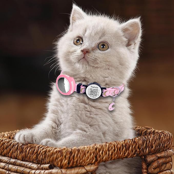 2-Pack Waterproof Breakaway Cat Collars with Moons & Stars Design - Adjustable Apple AirTag Holder & QR Code Safety Tracker for Cats & Kittens with Smart ID tag/NO APP(Black & Pink)