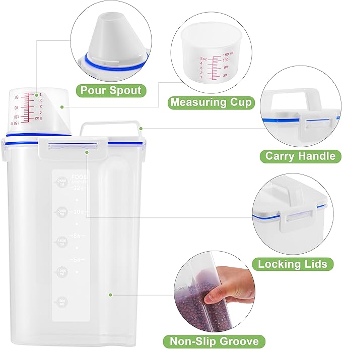 6 Pcs Set Rice Storage Container, Flour Dispenser with Pouring Spout & Measuring Cup, Kitchen Plastic Dry Food Storage Bin for Grain Oatmeal Snacks Pet Dog Food