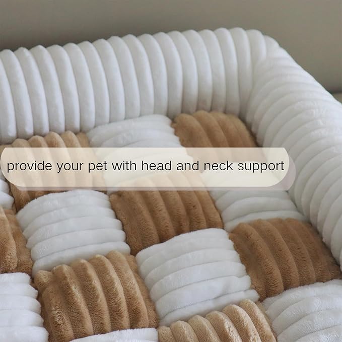 Couch Covers for Dogs and Cats, Fuzzy Dog Sofa bed with Cream Square Plaid, Plush Pet Couch Cover Bed, Thickened Quilted Furniture Protector Mat for Large Medium Pets (Light Brown 27.56"*27.56")