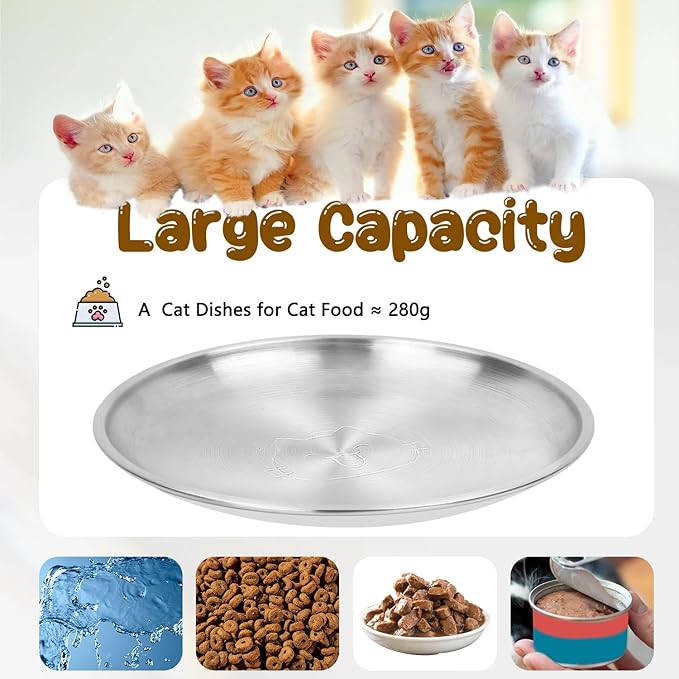 Stainless Steel Cat Dishes, 6.7" Wide Whisker Friendly Dishes, Shallow Metal Cats Food Bowls with Non-Slip Pads for Adult Cat and Multiple Kittens Reducing Whisker Fatigue 6Pcs