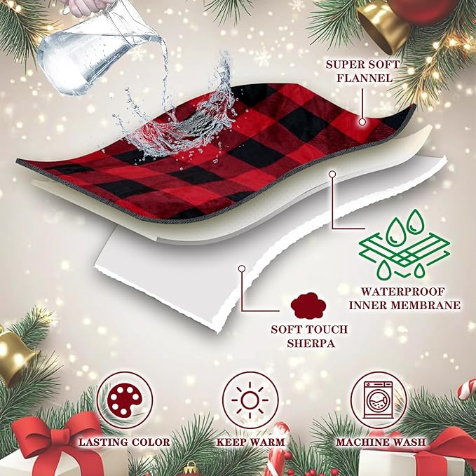 Qeils Dog Blankets for Large Dogs, Waterproof Dog Blanket Washable, Soft Sherpa Fleece Puppy Blanket for Kitten Doggy, Warm Cat Blankets for Indoor Cats, 50"X60", Red Christmas Checker