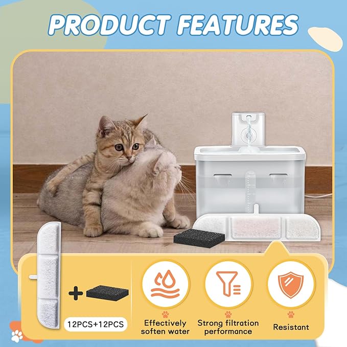 12Packs Replacement Filters Compatible with Downy Paws Cat Water Fountain - Triple Filtration Filters for DownyPaws 84oz/2.5L Wireless Pet Fountain DPWFP6 (12 Filters & 12 Sponges)