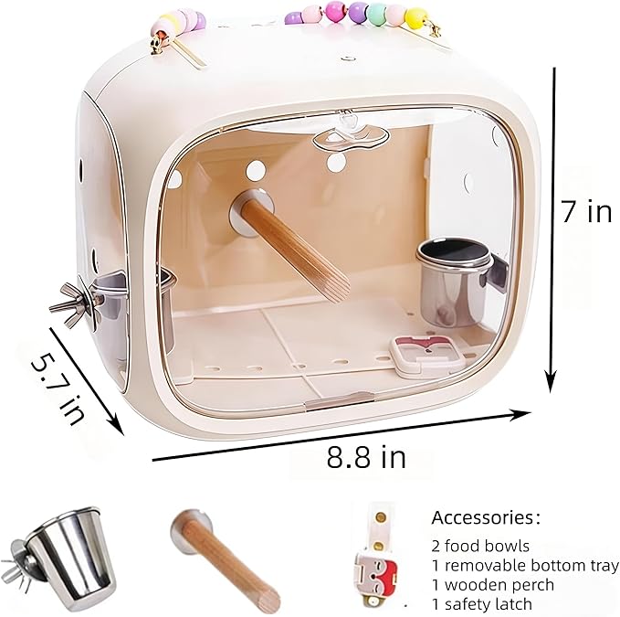 Small Bird Travel Cage Carrier, Portable Parrot Parakeet Cockatiels Carrier with Standing Perch and Easy Clean Tray, Budgies Transparent Breathable Cage with Accessories (Beige)