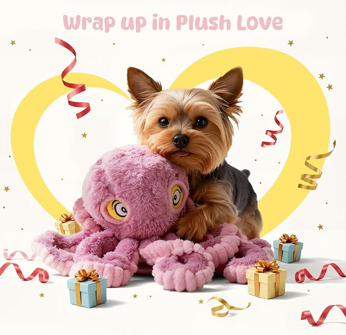 2 Pcs Squeaky Dog Toy for Puppy Teething, Plush Octopus Dog Toy, Puppy Chewing Toy, Soft Stuffed Chew Toys for Small Dogs Training and Keep Them Busy, ORG&PNK