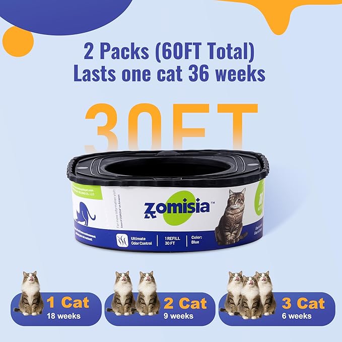 2 Pack Cat Litter Refill Bags, Non-See-Through Jumbo 60FT Cartridge Refill Total Up to 36 Weeks (Over 8 Months) Per Cat for Odor Control, Compatible with Genie Standard, Plus, Style, Design