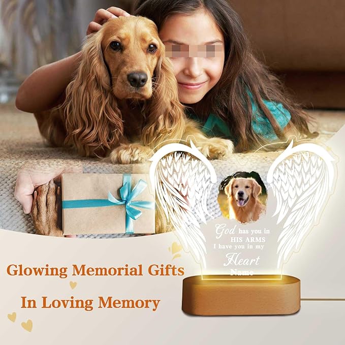 Custom Pet Memorial Night Light Gift Personalized Dog Cat Acrylic Plaque Photo Frame Sympathy Gift Condolence Gifts with Picture Name(Love Wings)
