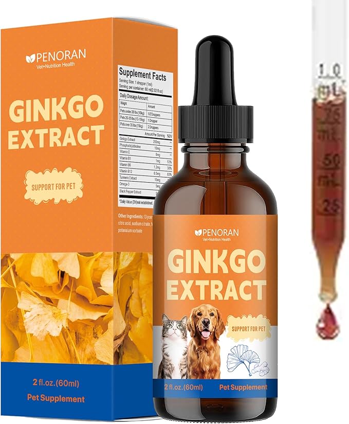 Pet Ginkgo Brain & Heart Support Drops, for Dogs & Cats: Cognitive & Memory Support, Blood Pressure, Cholesterol, Fights Mental Fog, with Curcumin & Lecithin & Multivitamins ﻿