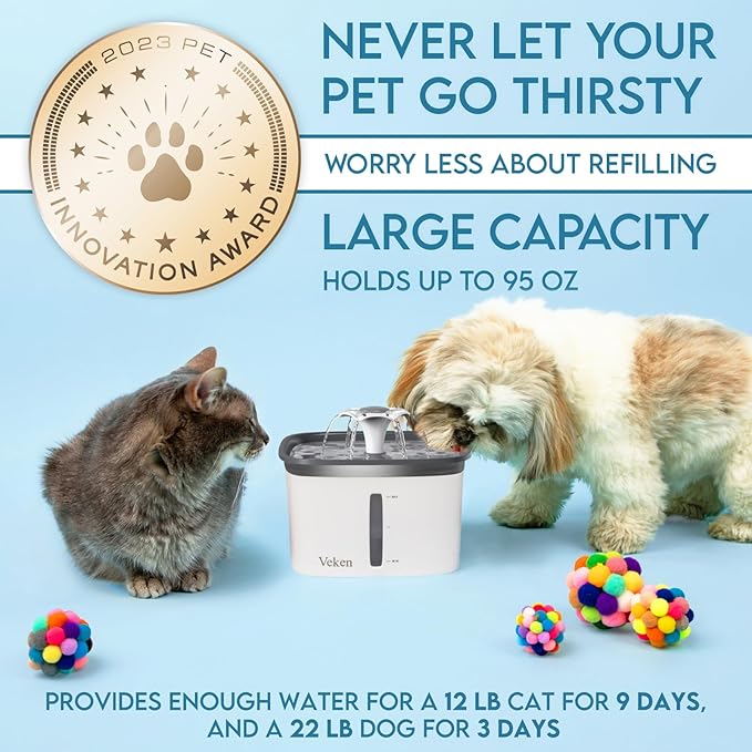 Veken Innovation Award Winner 95oz/2.8L Pet Fountain, Automatic Cat Water Fountain Dog Water Dispenser with Replacement Filters, Gifts for Cats, Dogs, Multiple Pets (Grey, Plastic)