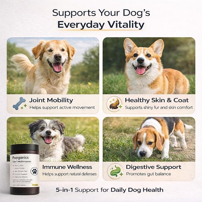 Pupganics Multivitamin Soft Chews for Dog, Dog Vitamins and Supplements for Immune System, Joint Support, Skin, Gut Health, with Probiotics, Glucosamine, Vitamin A/D3/E, Chicken Flavor, 60 Count (1)