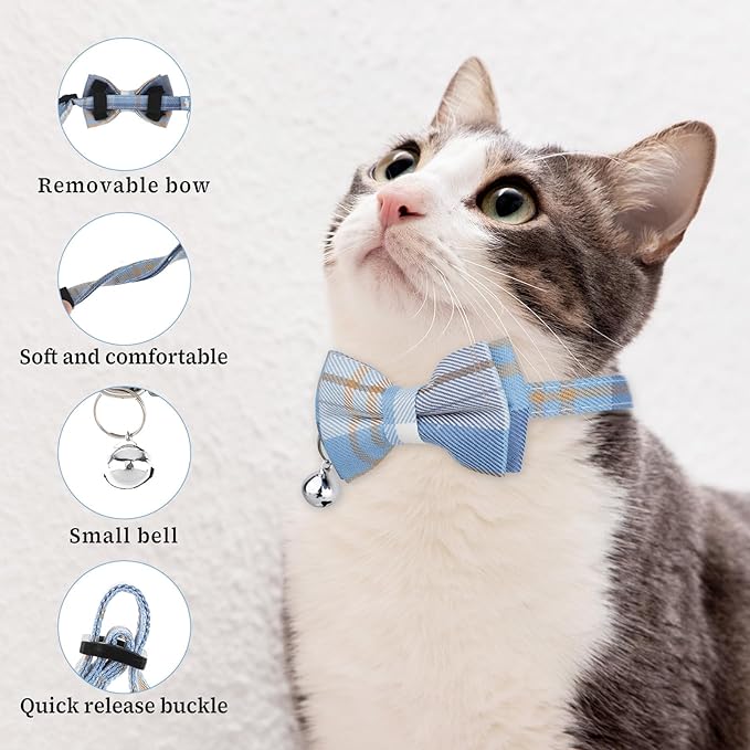 2 PCS Bow Tie Cat Collar with Bells Cat Collar Breakaway Cute Bowtie Plaid Cat Collar with Cat Buckle Soft Adjustable Kitten Accessories for Indoor Cats Puppy and Small Pets Blue and White Plaid