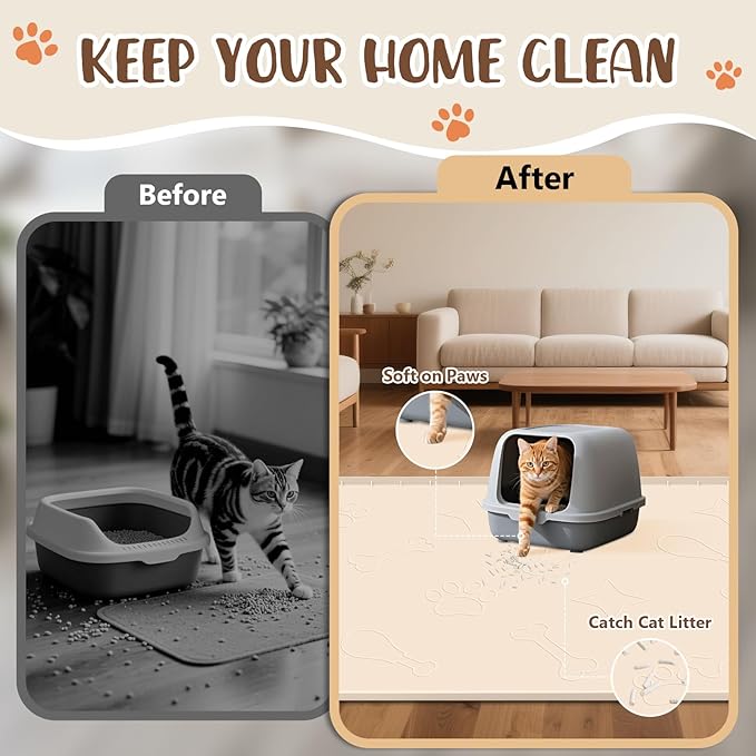 Silicone Cat Litter Mat with Collection Pocket, 42" x 28" Large Cat Litter Box Mat Waterproof Anti-Slip Litter Trapping Mat with Edge and Handle Pet Placemat for Floors (Beige)