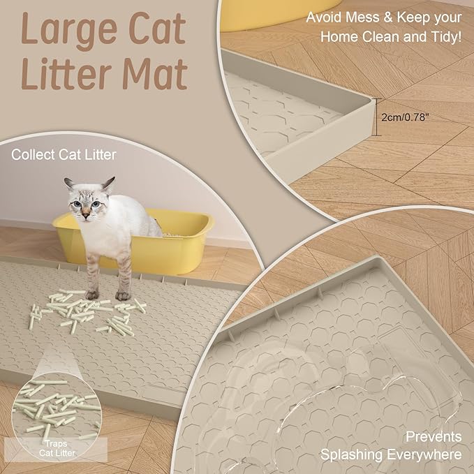 2pcs 34"x22" Litter Mats Extra Large Easy Clean, Cat Litter Mat Large, Silicone Dog or Cats Feeding mat Waterproof, Cat Litter Mats for Indoor Cats, Grey and Beige