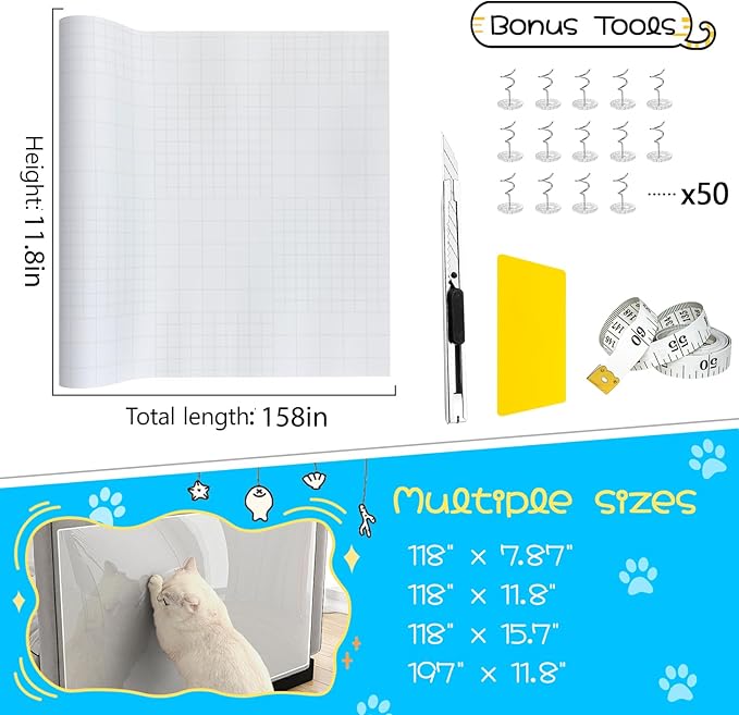 Anti Cat Scratch Furniture Protector, Couch Cat Scratch Protector, Furniture Protectors from Cats for Couch,Walls, Doors with 50 Twist Pins(11.8" x 158")