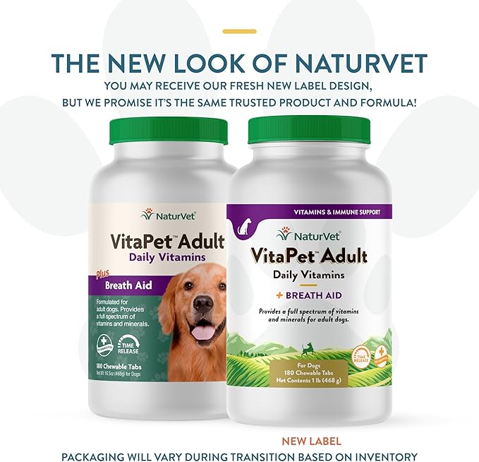 NaturVet VitaPet Adult Daily Vitamins for Dogs with Breath Aid – Includes Full Spectrum of Vitamins, Minerals, Omega-6 Fatty Acids, Parsley – Designed for Dogs Over 1 Year – 180 Ct.