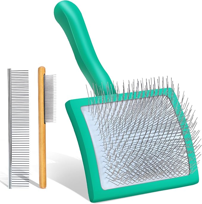Slicker Brush for Dogs, Large Long Pin Dog Grooming Brush for Doodles Goldendoodles Poodles Labradoodle Bernedoodles, 3 Pcs Wooden Handle for Mats Tangles - Green