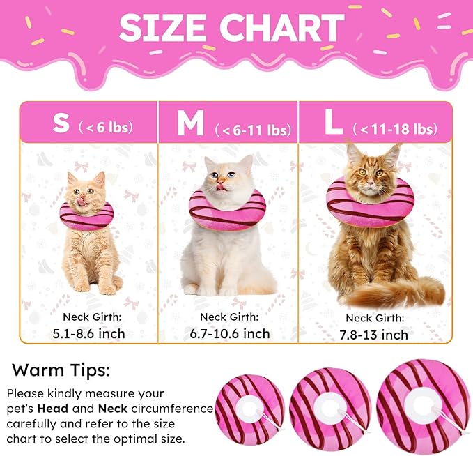 Cat Cone Collar Soft, Cat Recovery Collar for Wound Healing Cute Donut Adjustable Kitten Cones to Stop Licking Comfortable Lightweight Neck Elizabethan Collars for Cats Kittens After Surgery