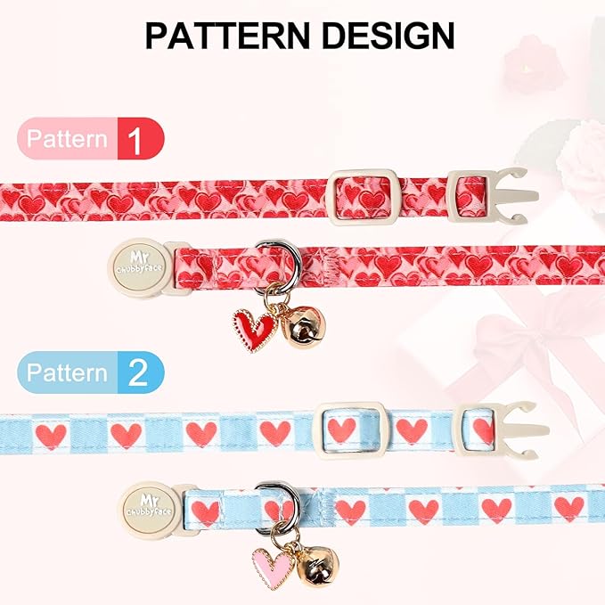 Valentine 2 Pack Cat Collar, Cute Soft Breakaway Kitty Collar with Bell&Pendent, Cotton Valentines' Heart Pattern Collar with Safety Buckle for Girl Cats